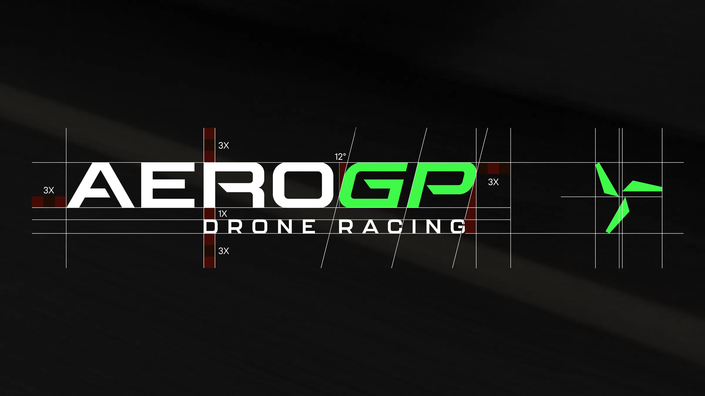 Construction of the typographic AeroGP logo, detailing the letter spacing, alignment, and italicized accents