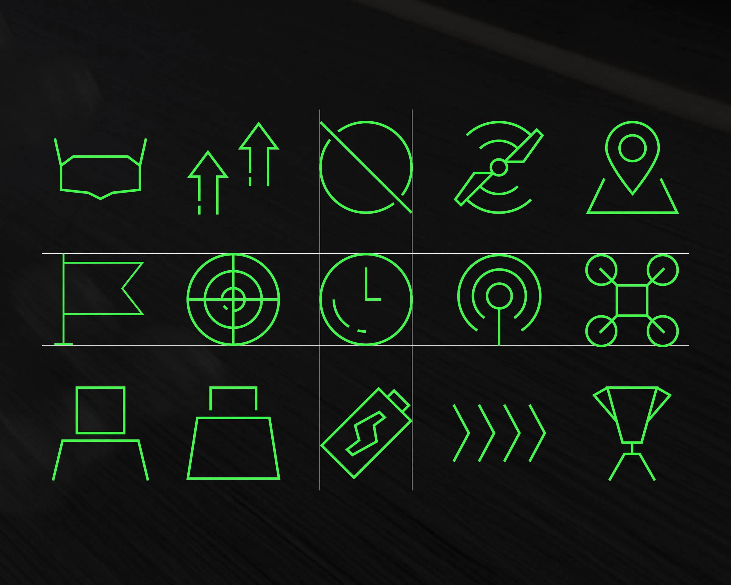 A collection of monochrome outline icons representing racing categories, track features, and pilot telemetry