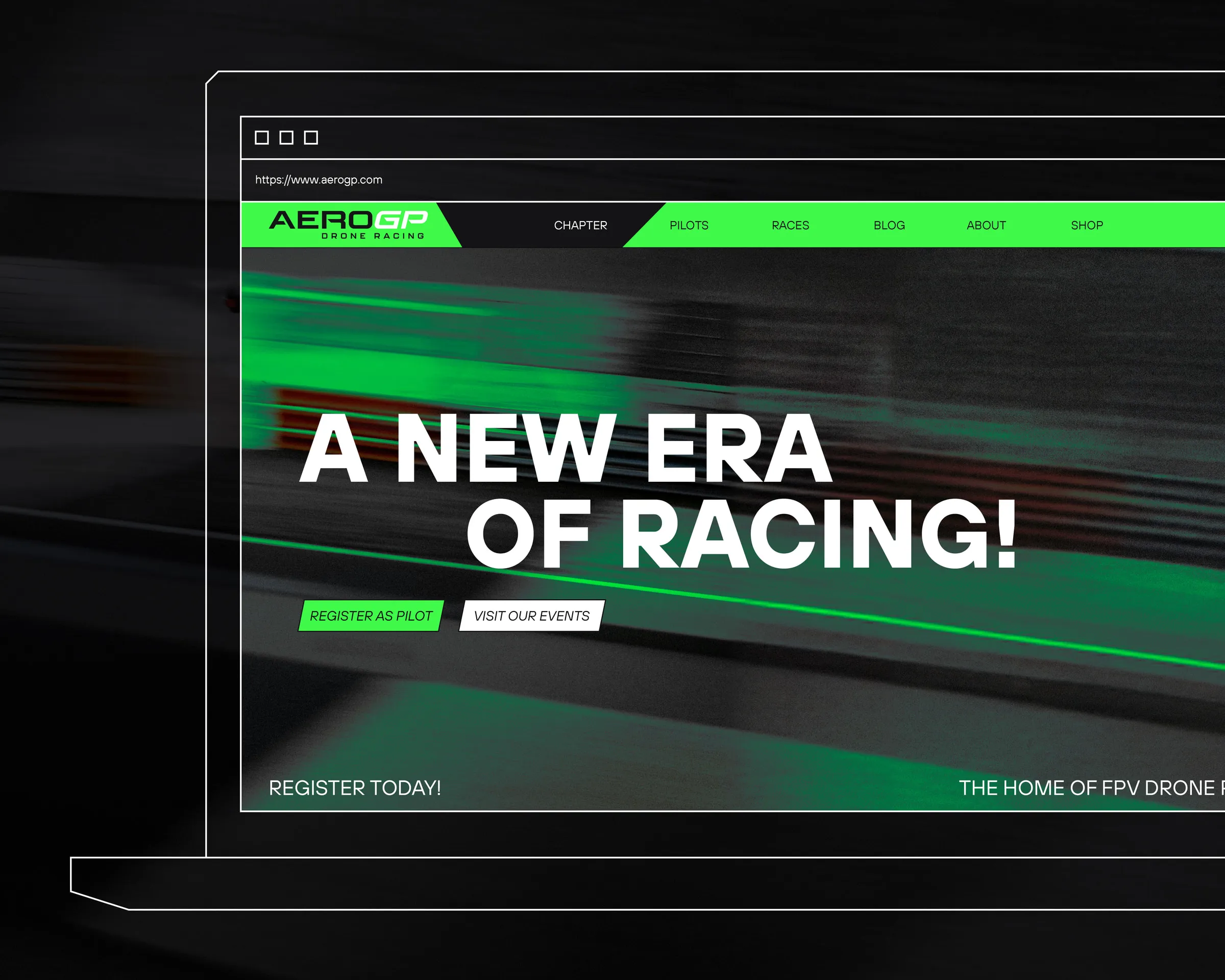 Mockup of the responsive AeroGP landing page showing the hero header.