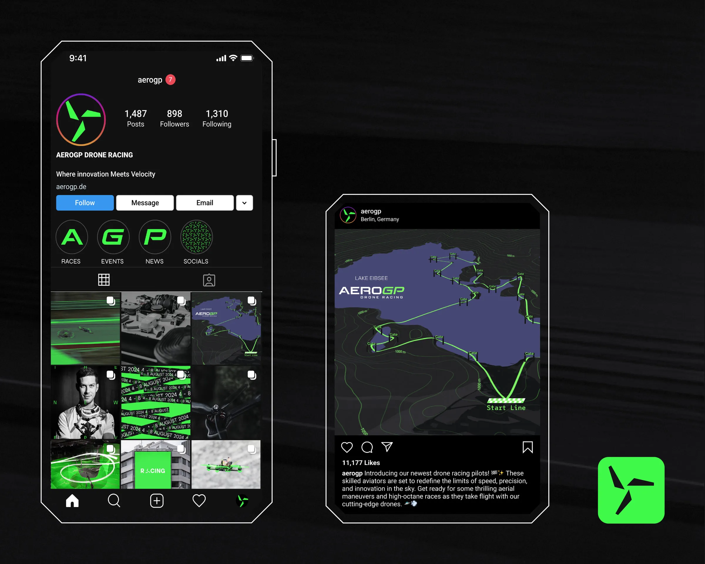 Instagram profile mockup displaying a cohesive feed layout, promotional posts, and a stylized race track graphic