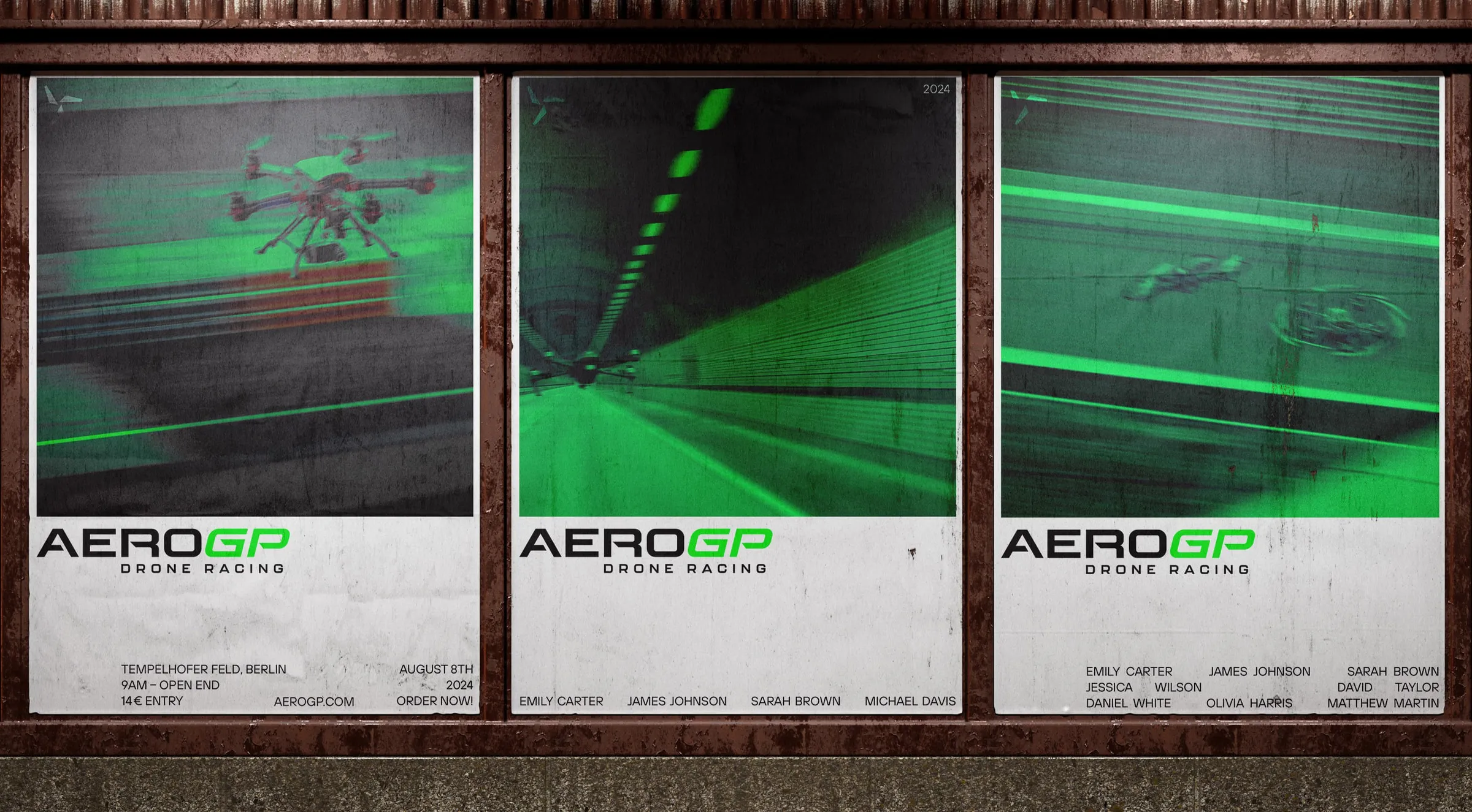 A mockup of three large-format event posters advertising races in Berlin and other venues with high-contrast typography