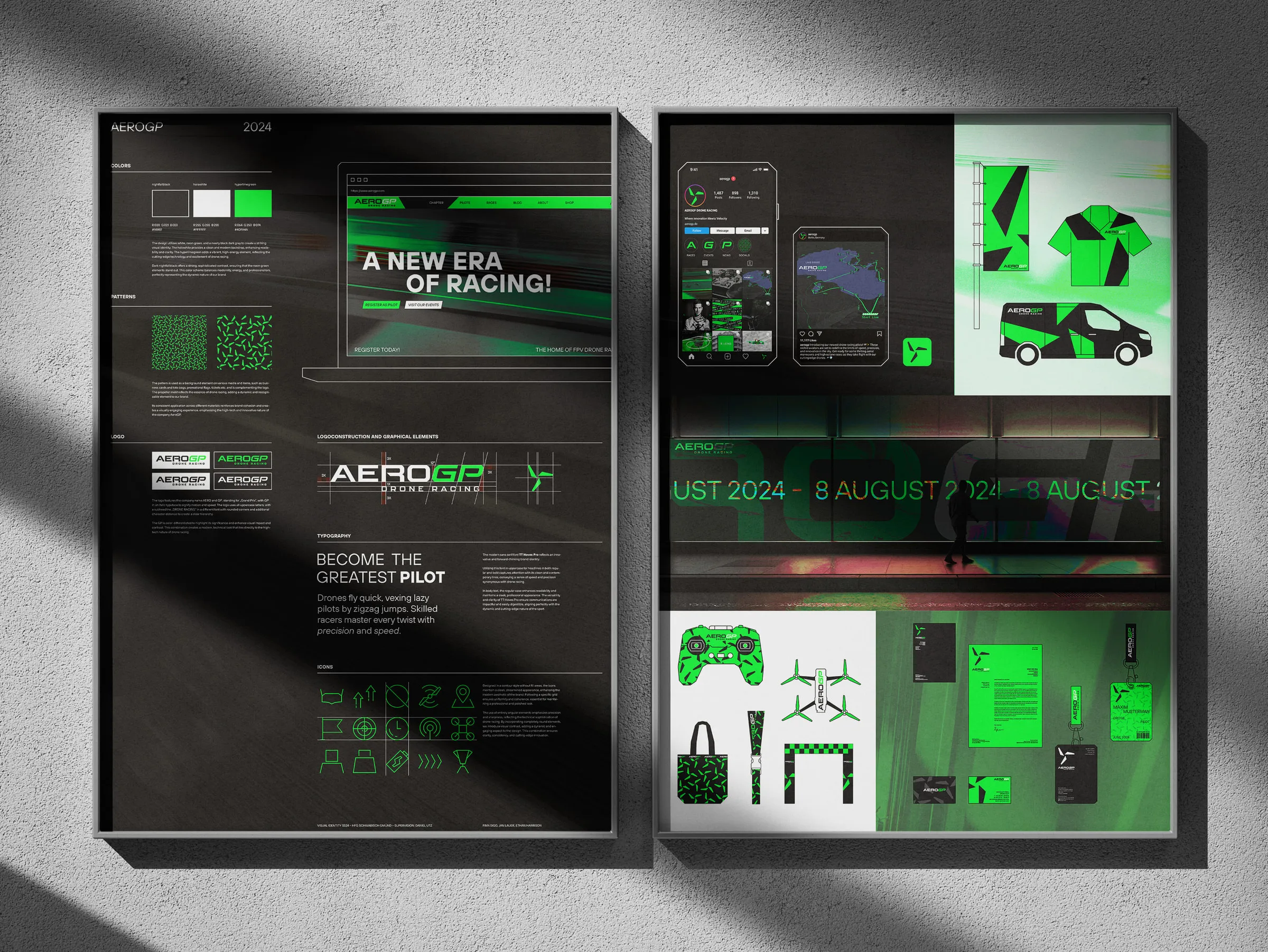 Mockup of two large-format posters detailing the AeroGP style guide, including color codes, icon construction grid, and modular patterns