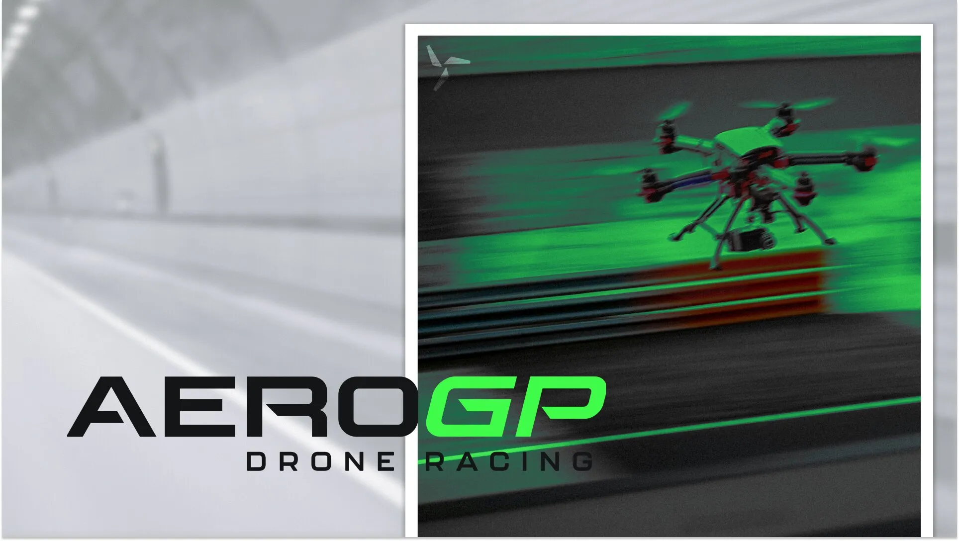 AeroGP brand poster: the wordmark next to an action shot of a racing drone streaking across the track with green motion trails.