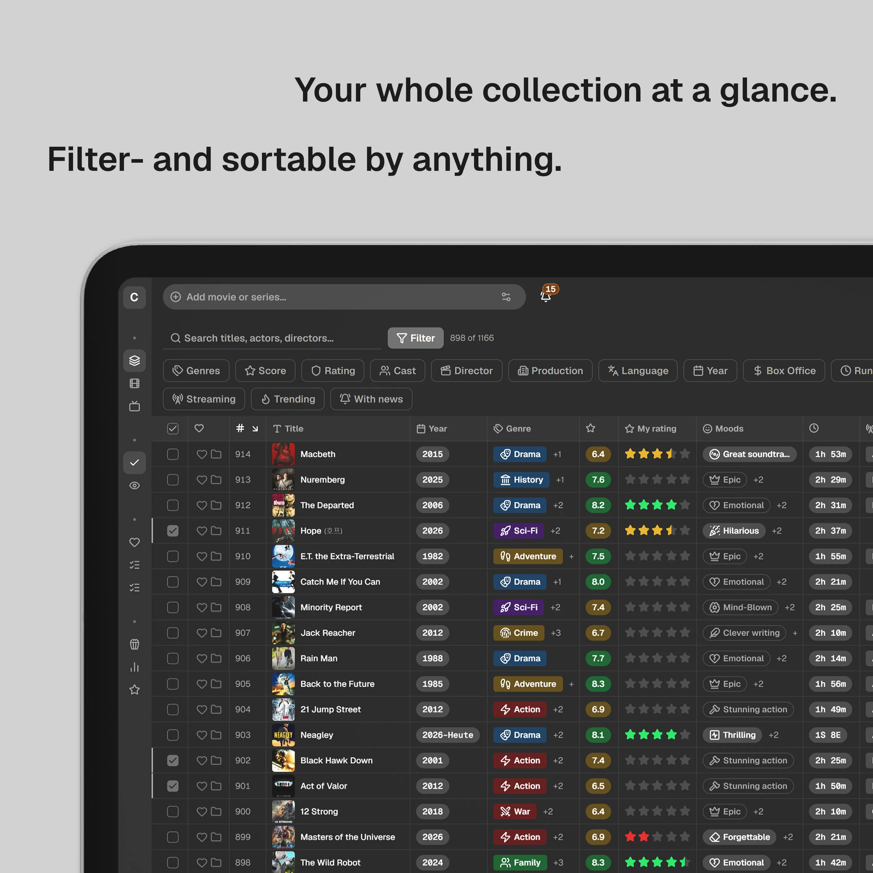 iPad mockup of Cinemate's library table, headlined "Your whole collection at a glance"