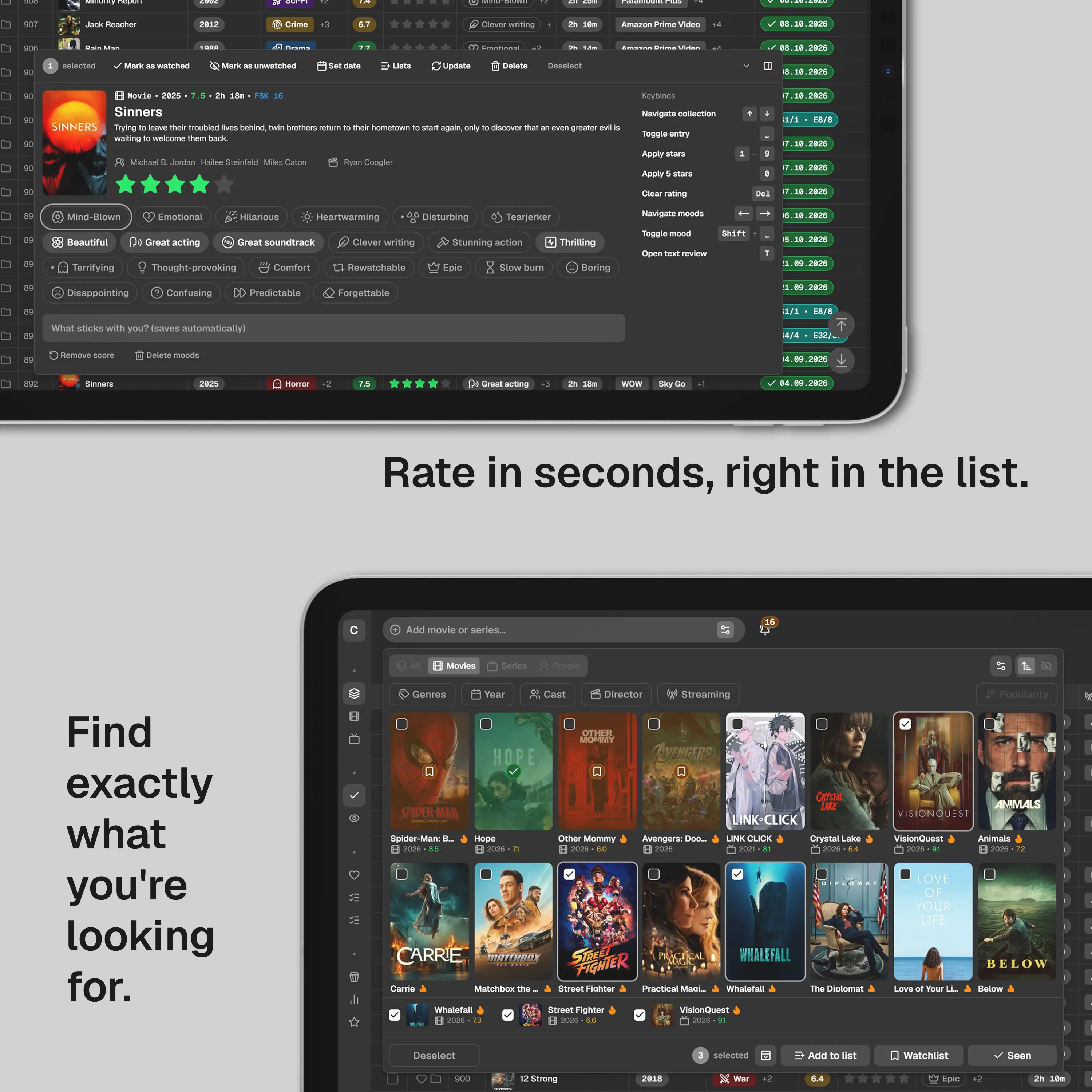 iPad mockup of Cinemate's library with the search panel and the rating panel open