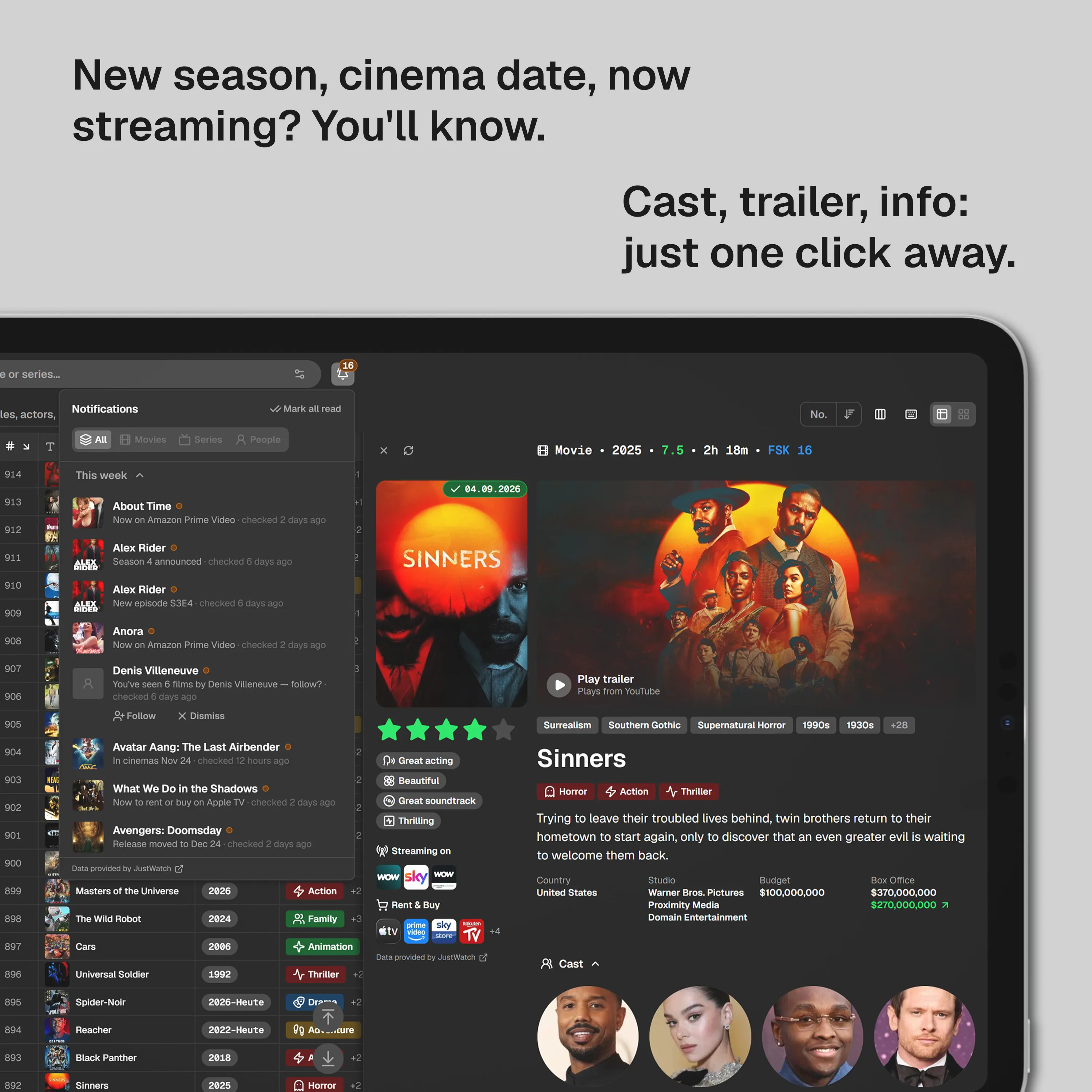 iPad mockup of Cinemate's library with a film's detail panel and the notifications open