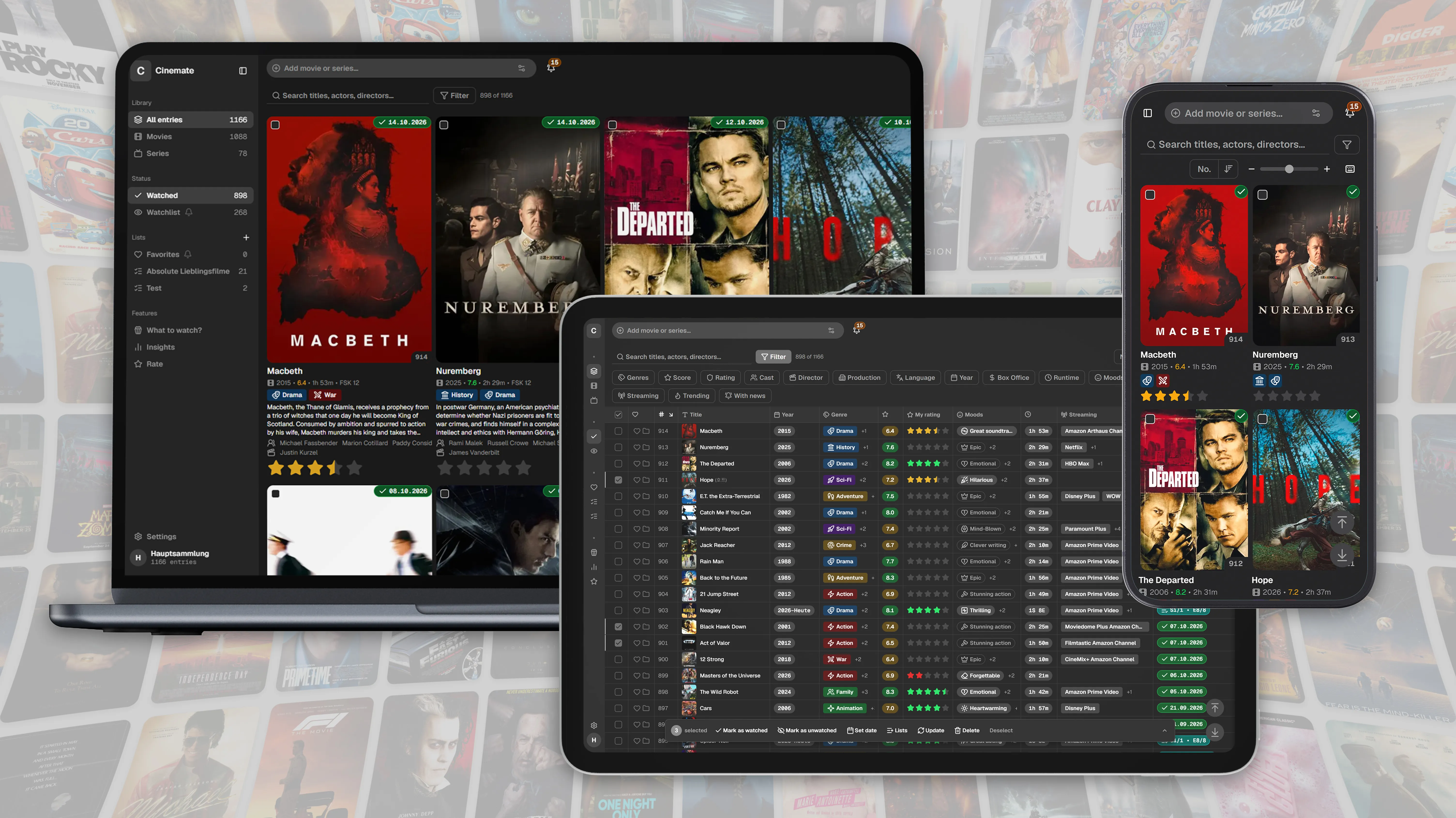 Cinemate shown on a desktop, a tablet and a phone.