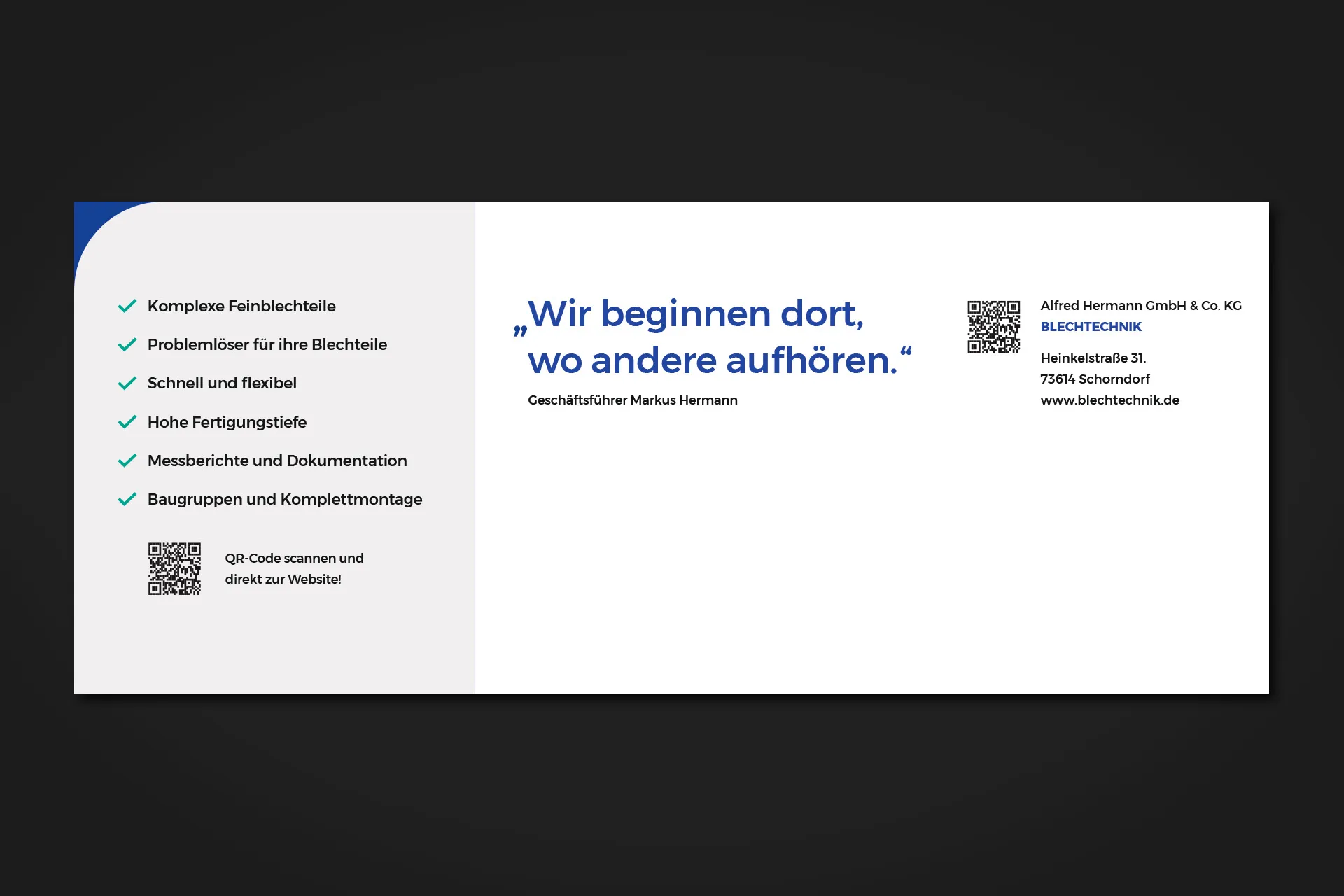 The central brand wall featuring the Hermann Blechtechnik logo, slogan, and key company facts