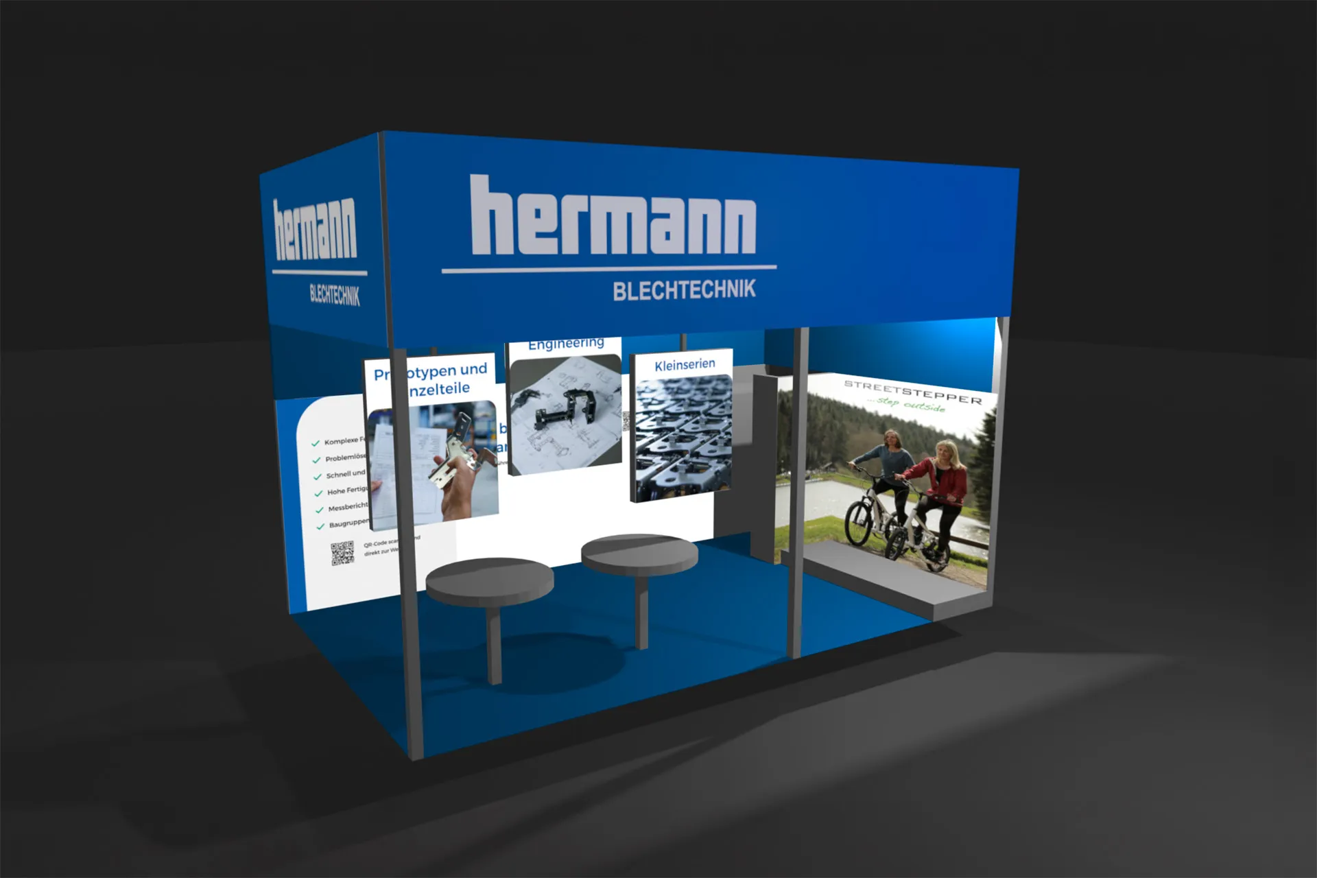 A clean 3D architectural rendering visualizing the open-concept exhibition stand from an exterior perspective