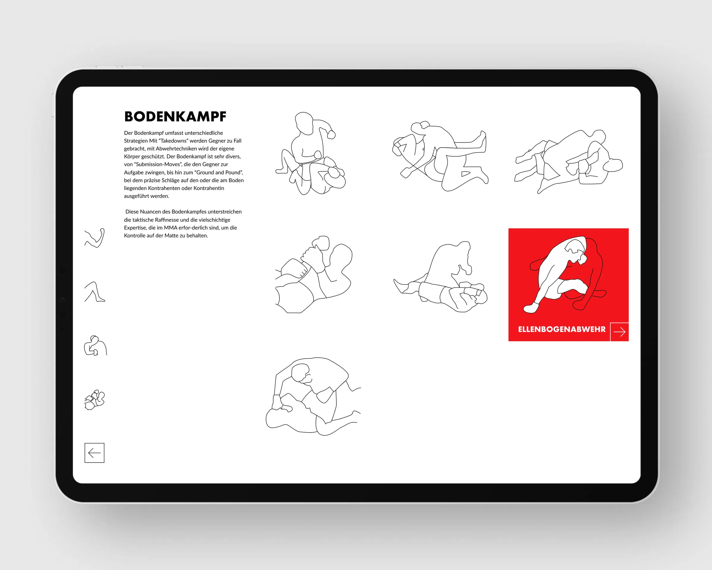 Tablet view of the Ground Combat technique category showing several line illustrations of grappling techniques, explanatory body text, and a red link to the next technique.