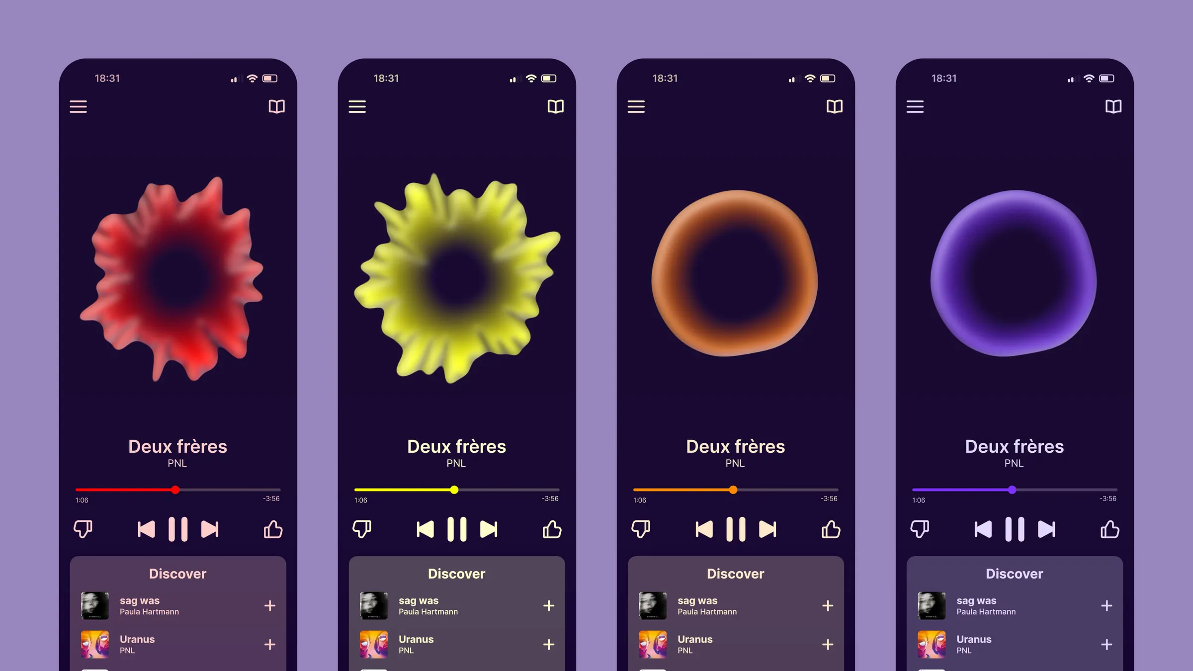A series of smartphone mockups displaying the music player interface, illustrating how the background color and central morphing shape dynamically adapt to different emotional states
