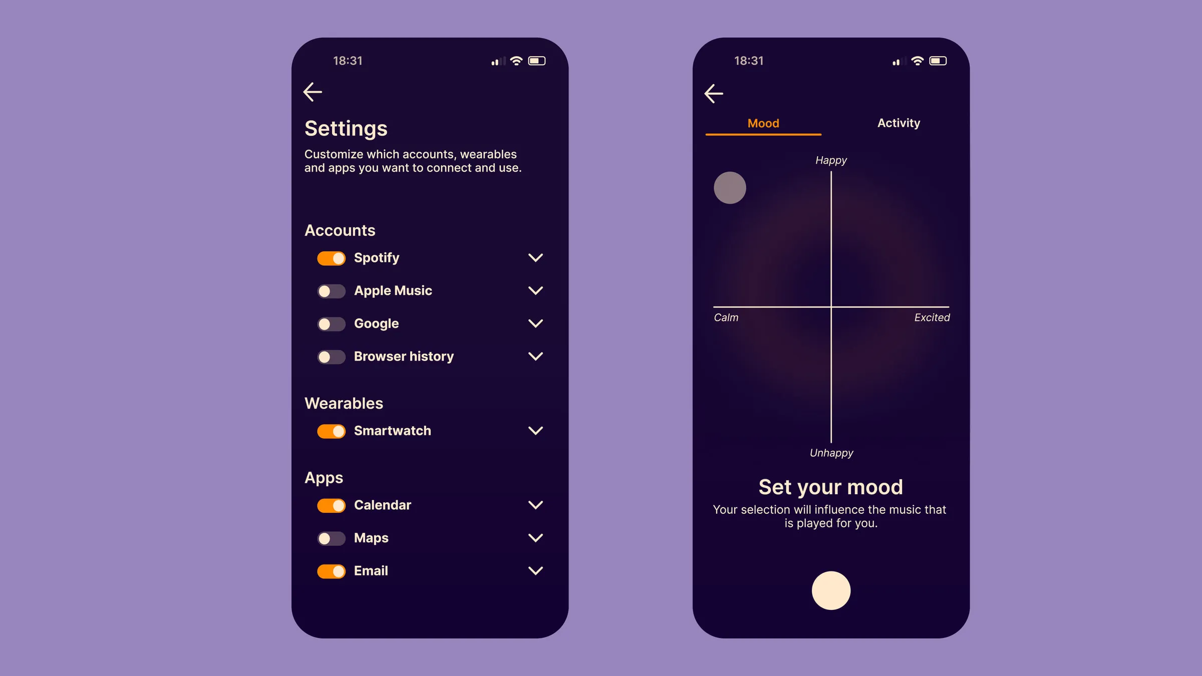 Smartphone mockups detailing the data integration settings, showing options to connect accounts, wearables, and calendar services alongside preference controls