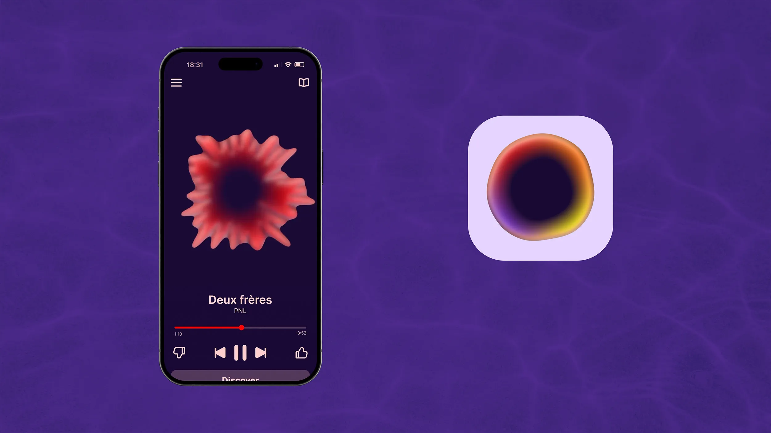 Smartphone mockup of the Moodify music player with a glowing neon moodshape at its center, next to the app's dynamic, multi-colored gradient logo.