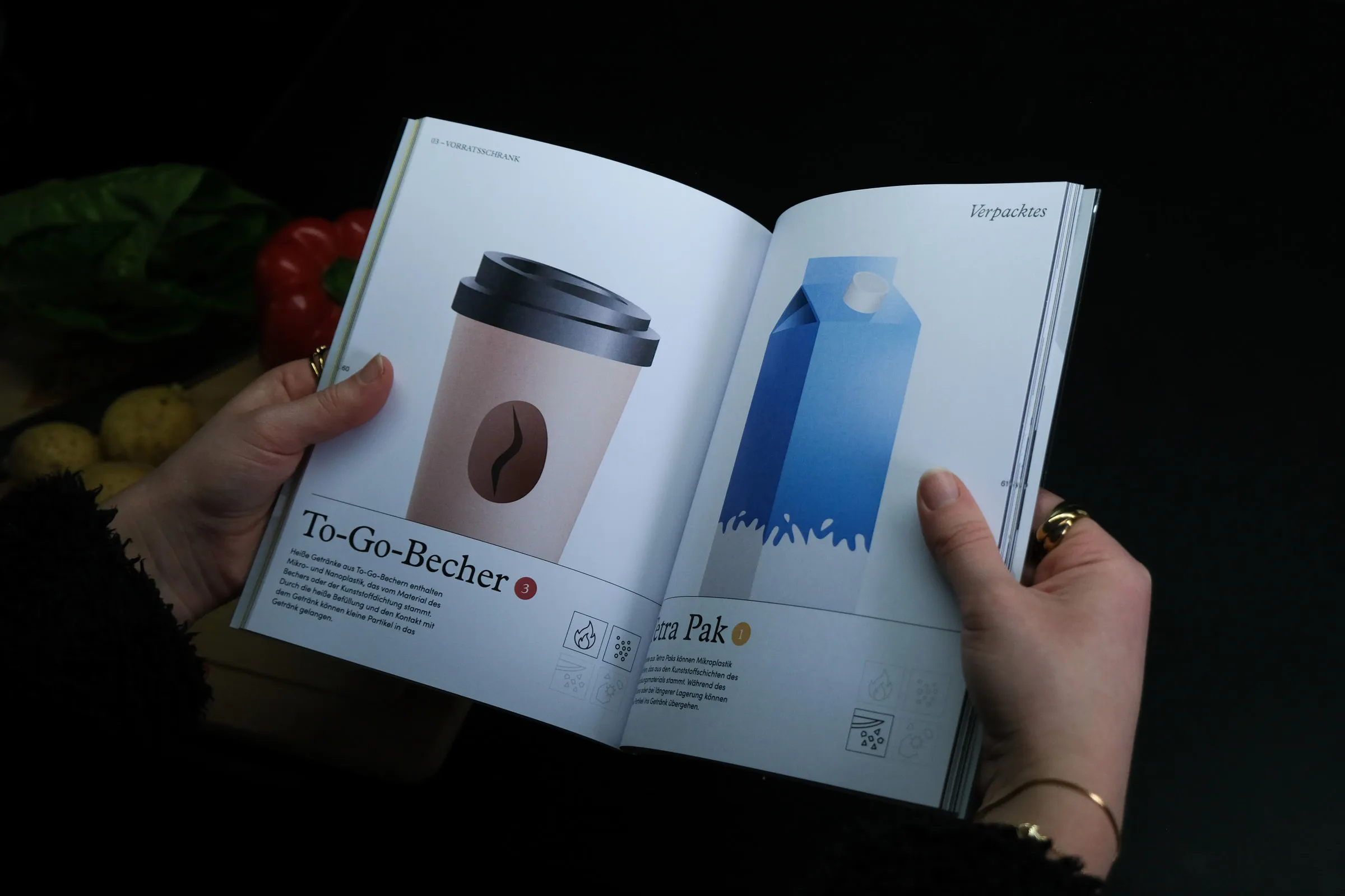 Editorial spread showing large-scale food and utensil comparisons using the custom rating system