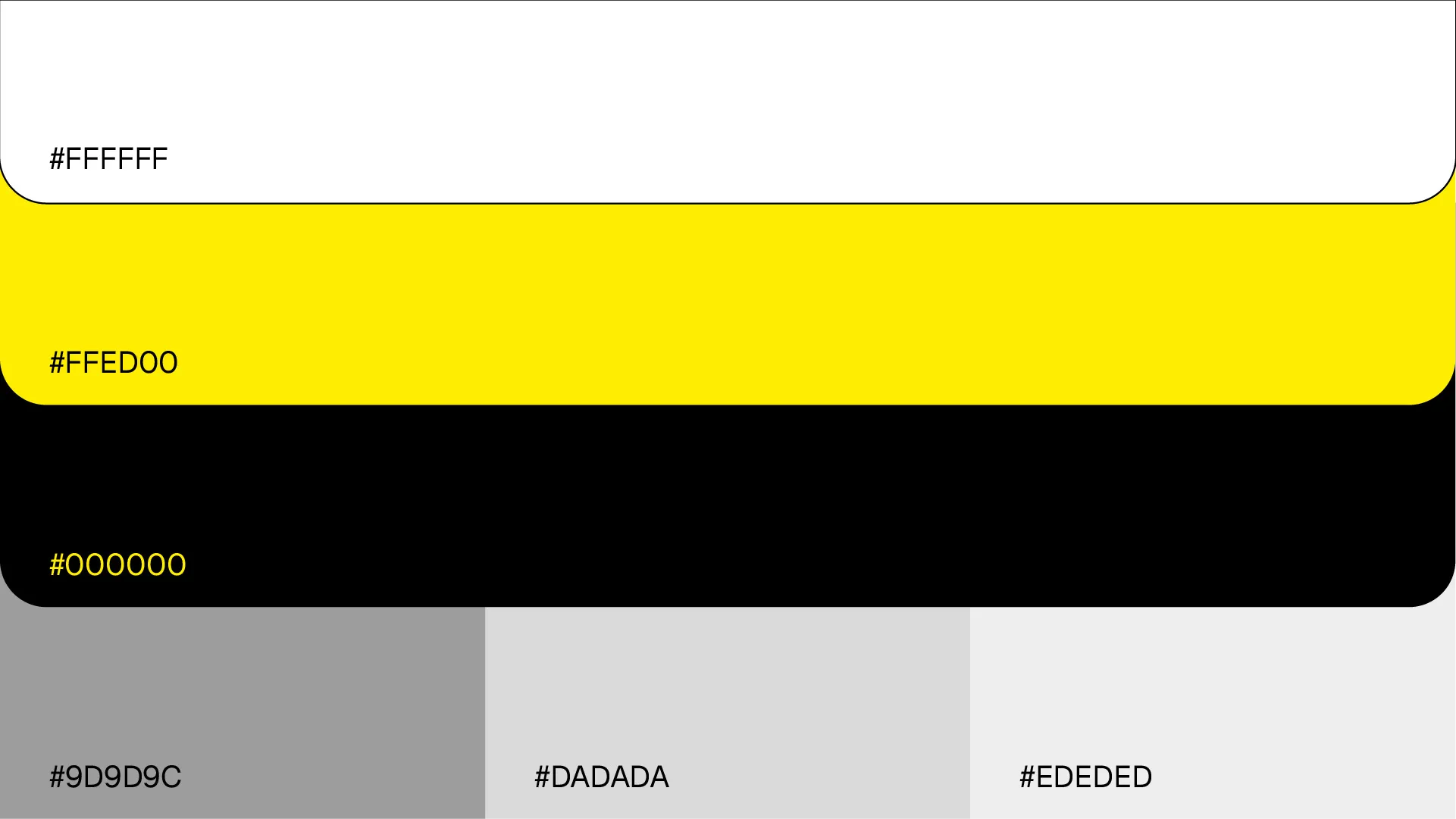 Double-page spread showcasing the color system consisting of white, black, yellow, and shades of grey