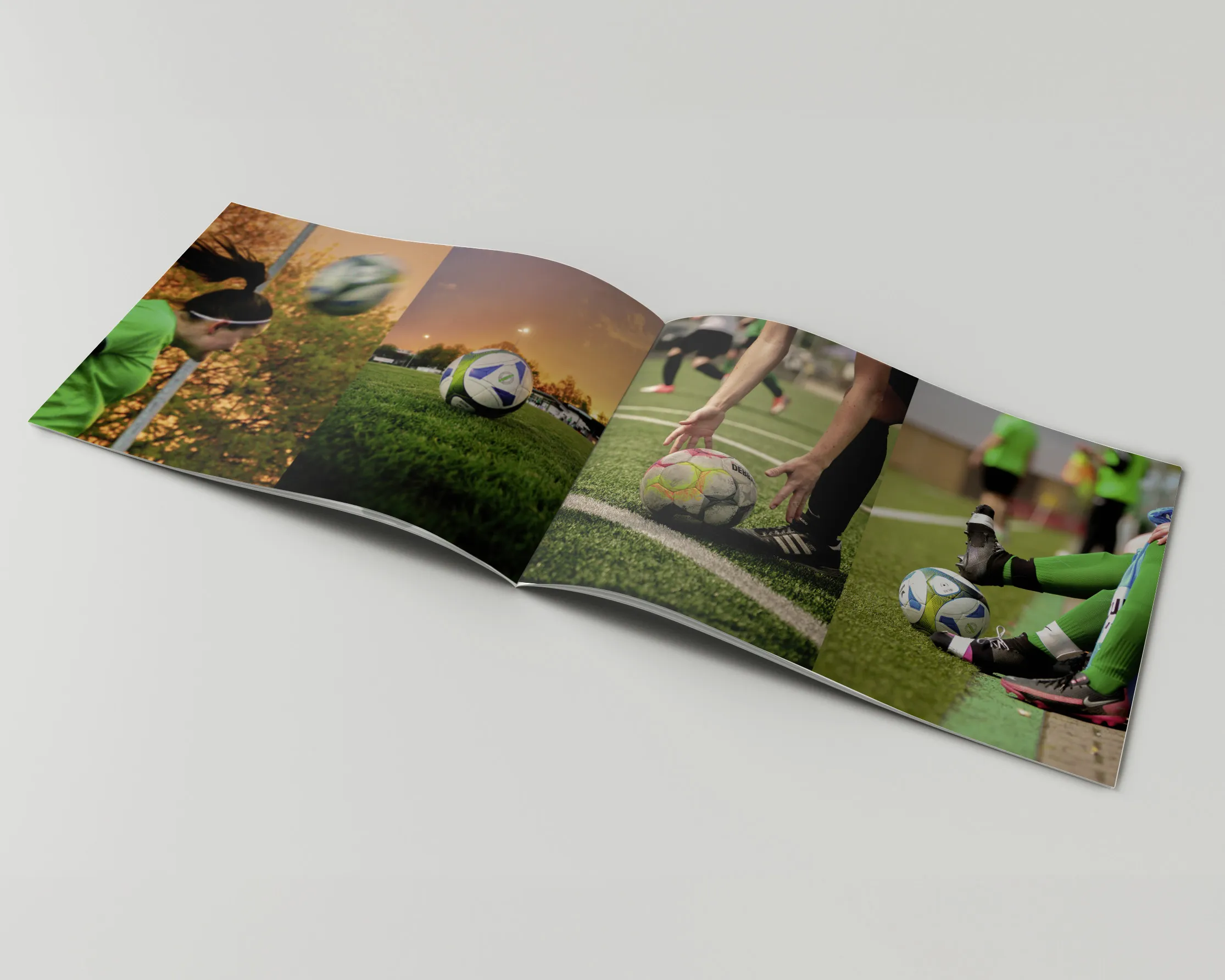 Magazine mockup: the open spread shows four large-format action photographs in a grid.