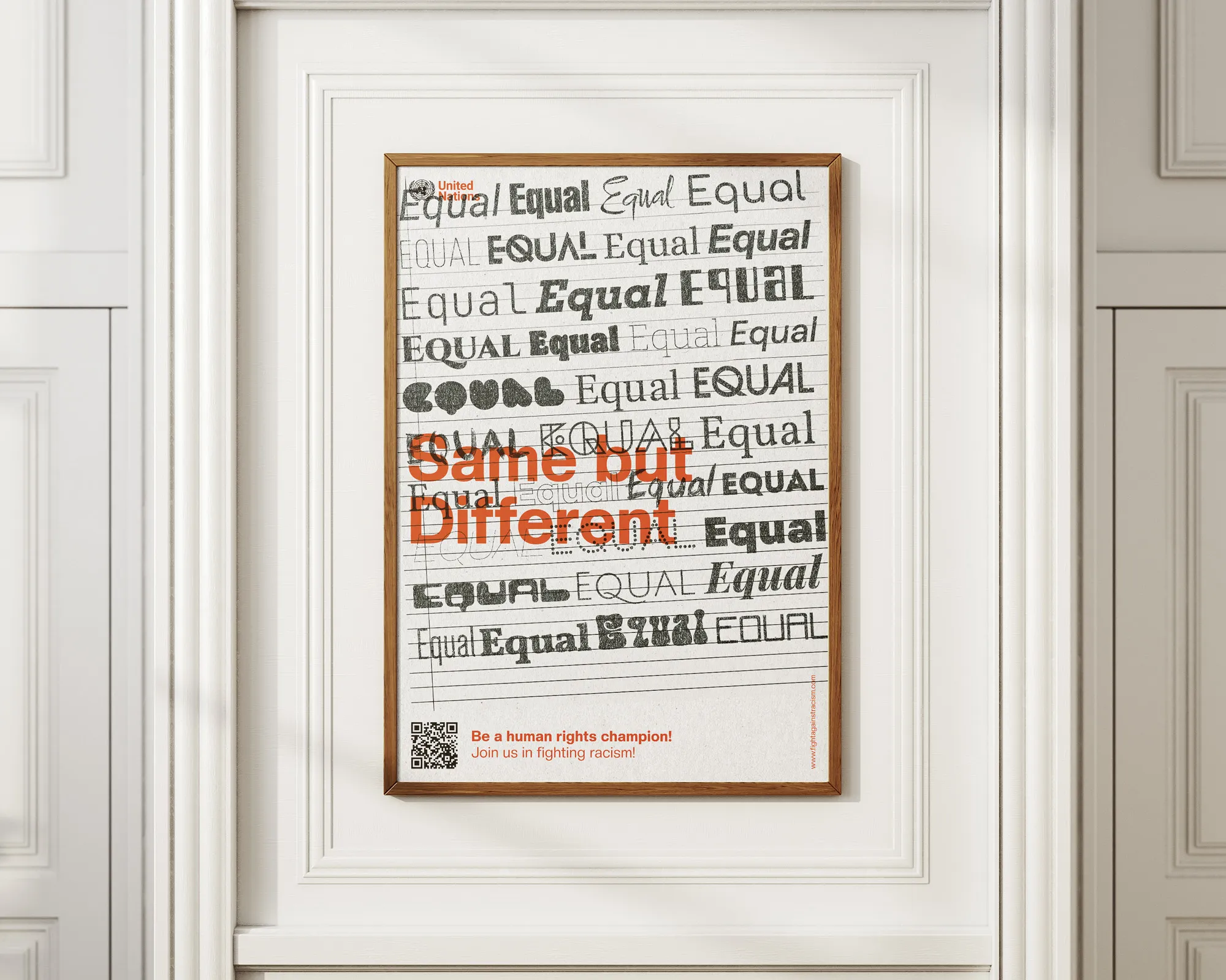 A framed poster on a white wall: the word 'Equal' repeated line by line in dozens of different typefaces, over it 'Same but Different' in orange.
