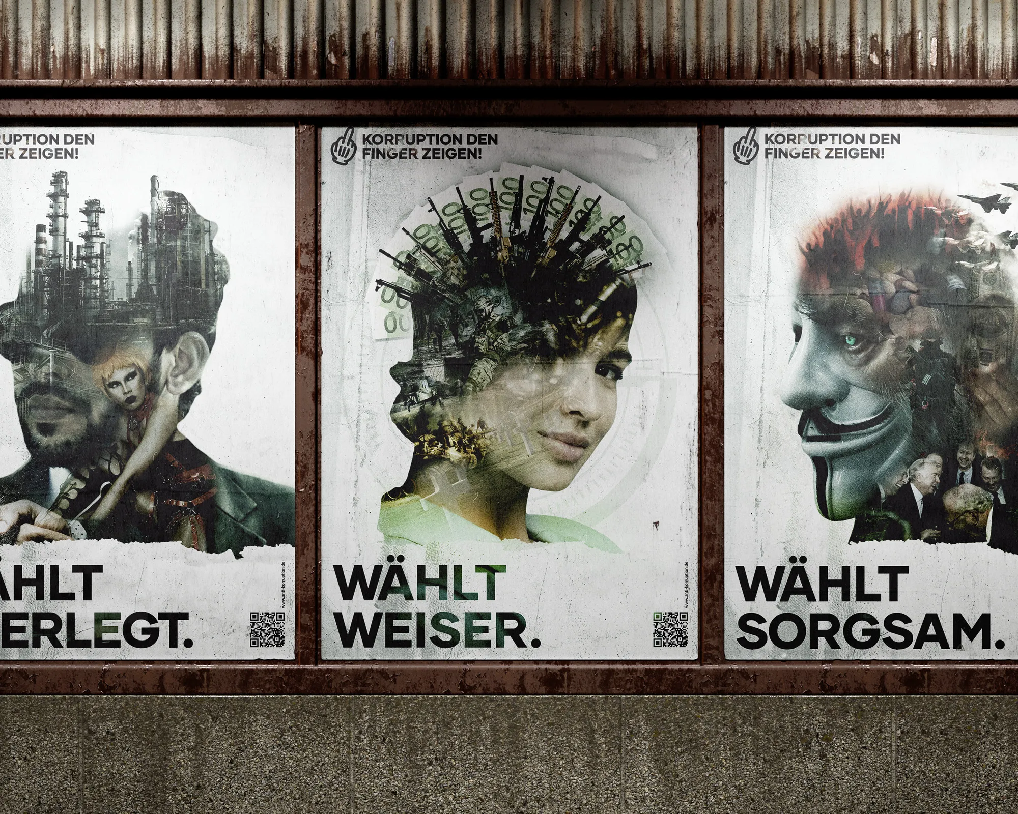 Three posters side by side on a wall: inside each head sits a double exposure of industrial plants, weapons and banknotes, below them the lines 'Wählt weiser.' and 'Wählt sorgsam.'