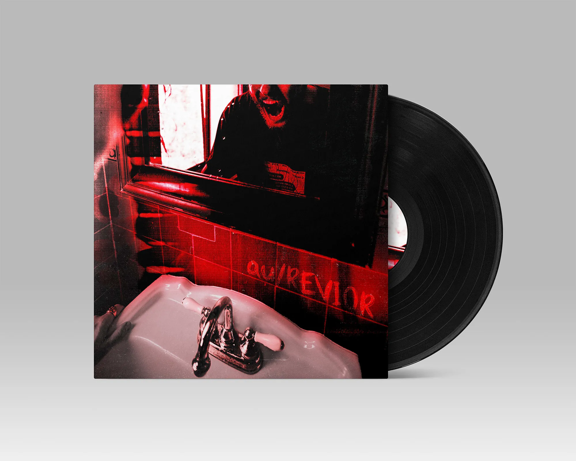 A record sleeve in front of the vinyl disc: a bathroom scene tinted red, a screaming figure in the mirror, the words 'Au Revoir' scrawled on the tiles.