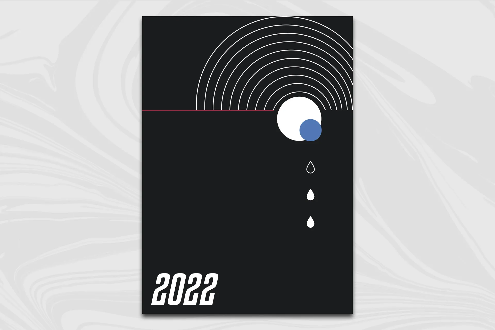 The calendar cover: concentric white arcs over a black field, a white and a blue circle plus three falling droplets, the year 2022 at the bottom.