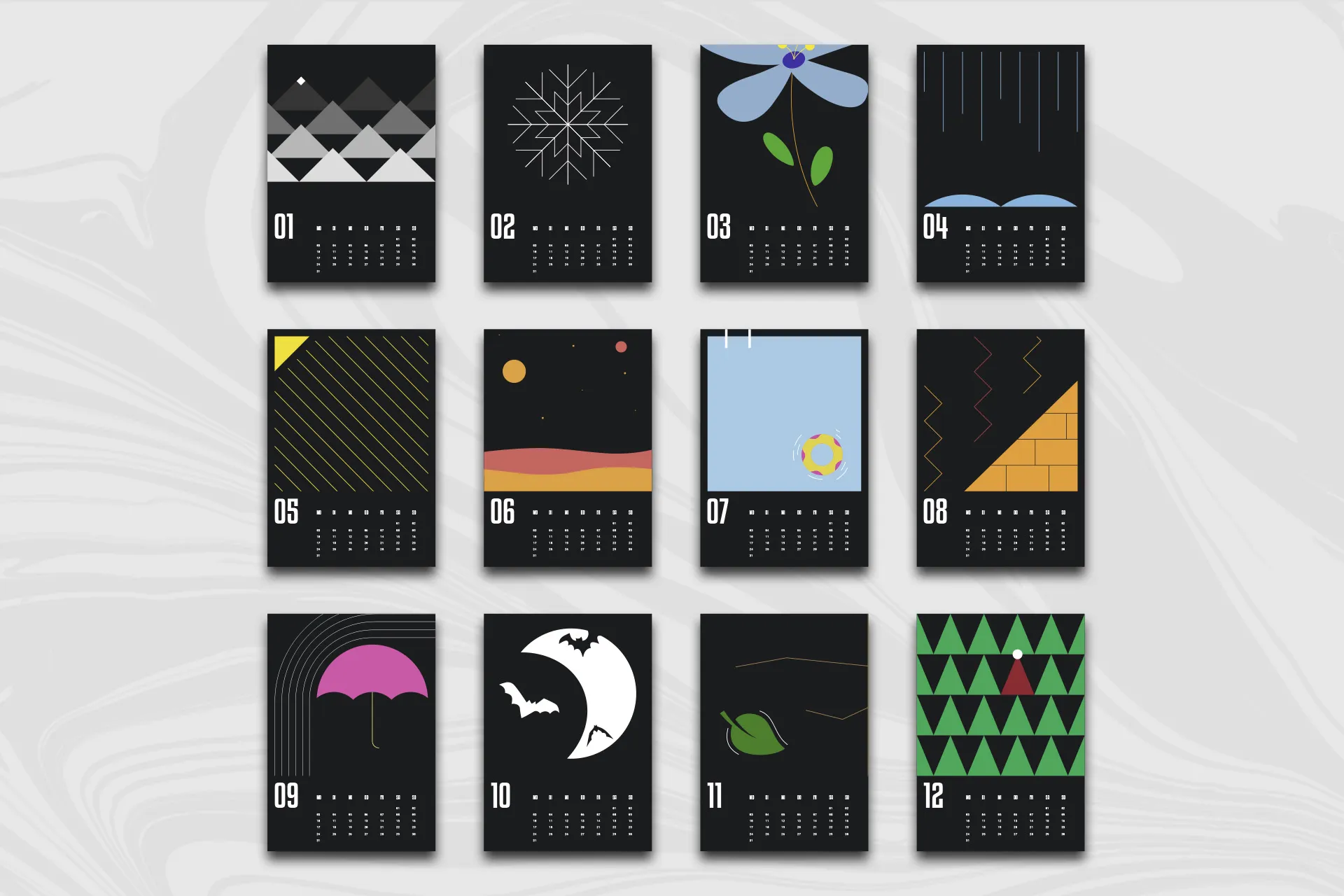 All twelve calendar sheets at a glance: one reduced geometric motif per month, from mountains through sun lines to a grid of fir trees.