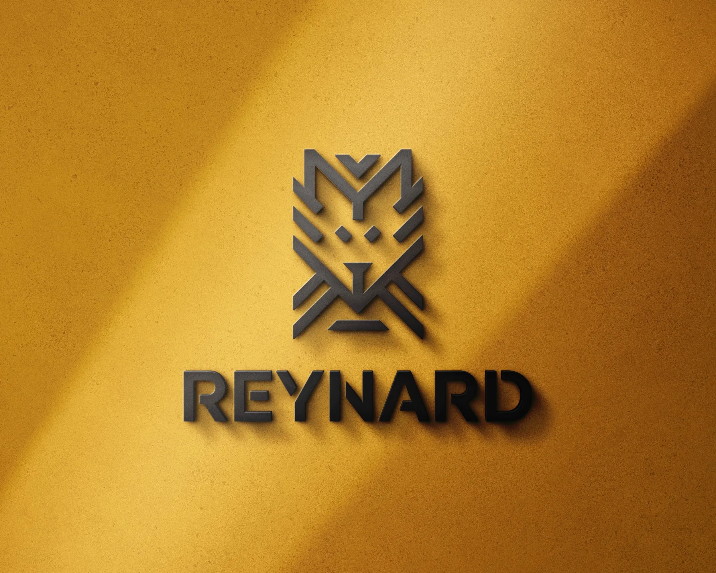 The 'Reynard' logo on a gold wall: a fox's head built solely from angled lines, above a wide wordmark in capitals.