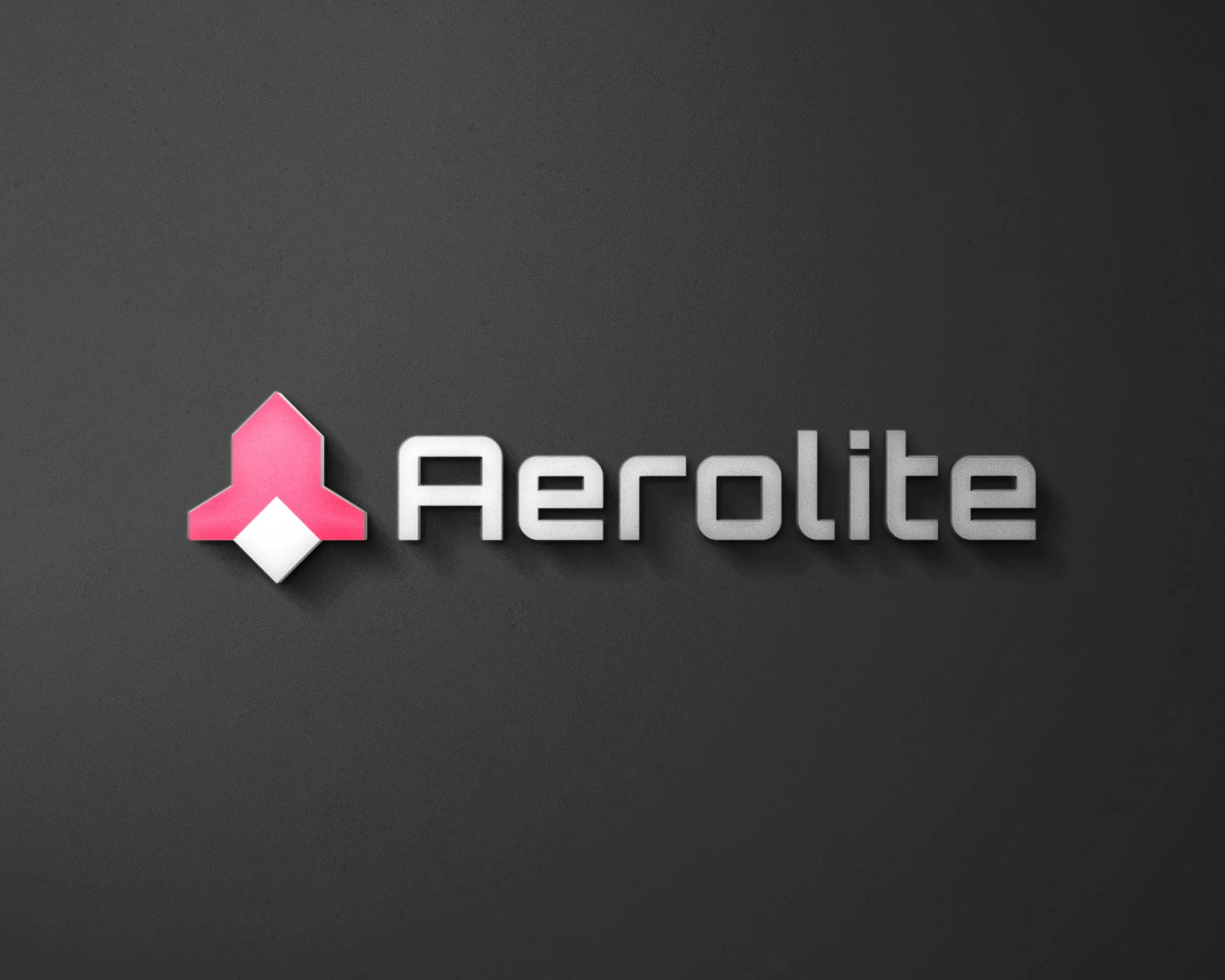 The 'Aerolite' logo on a dark grey wall: a pink arrow-cum-rocket form beside a light, technical-looking wordmark.